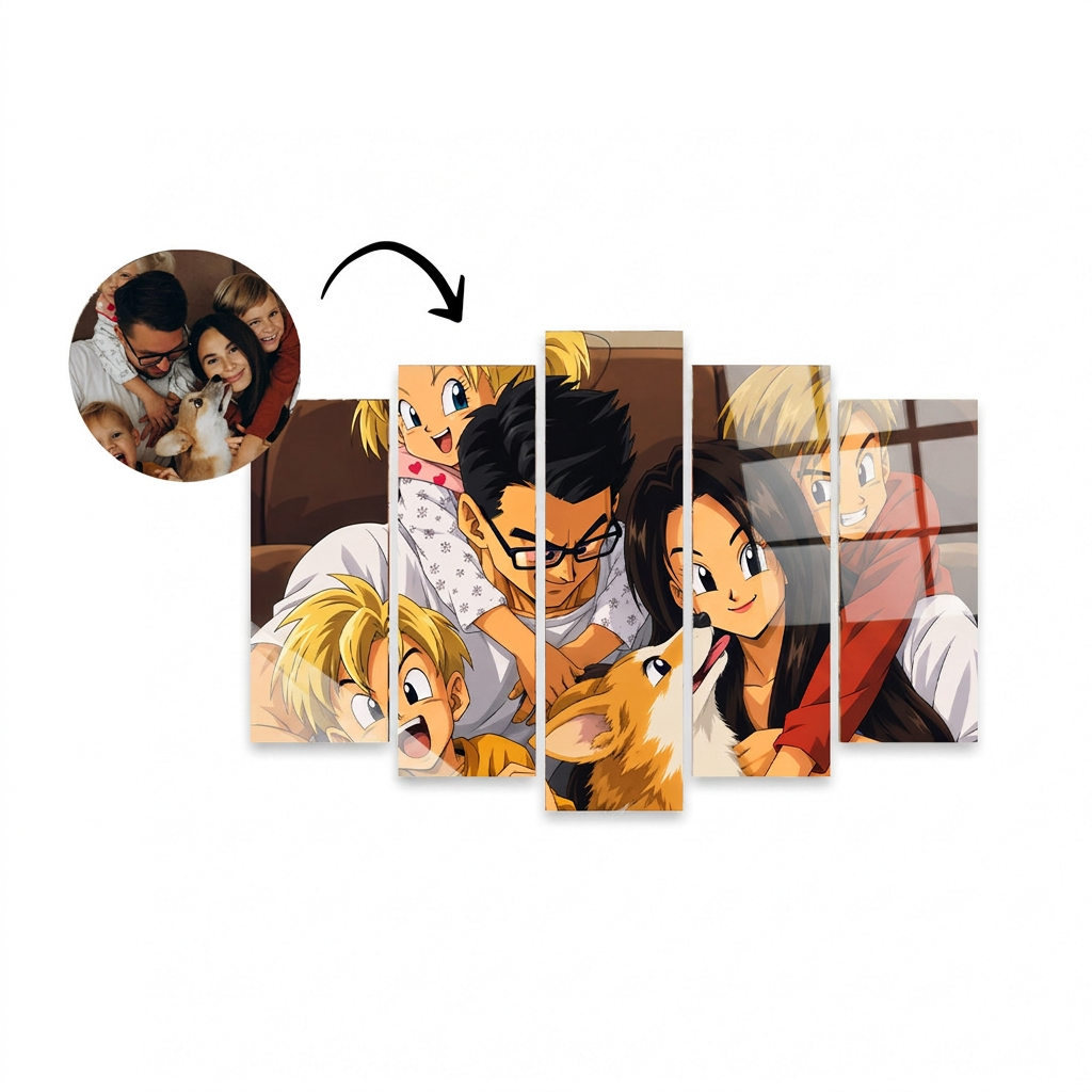 Cuadro Familiar Estilo Dragon Ball de 5 Paneles en Metacrilato con Efecto 3D