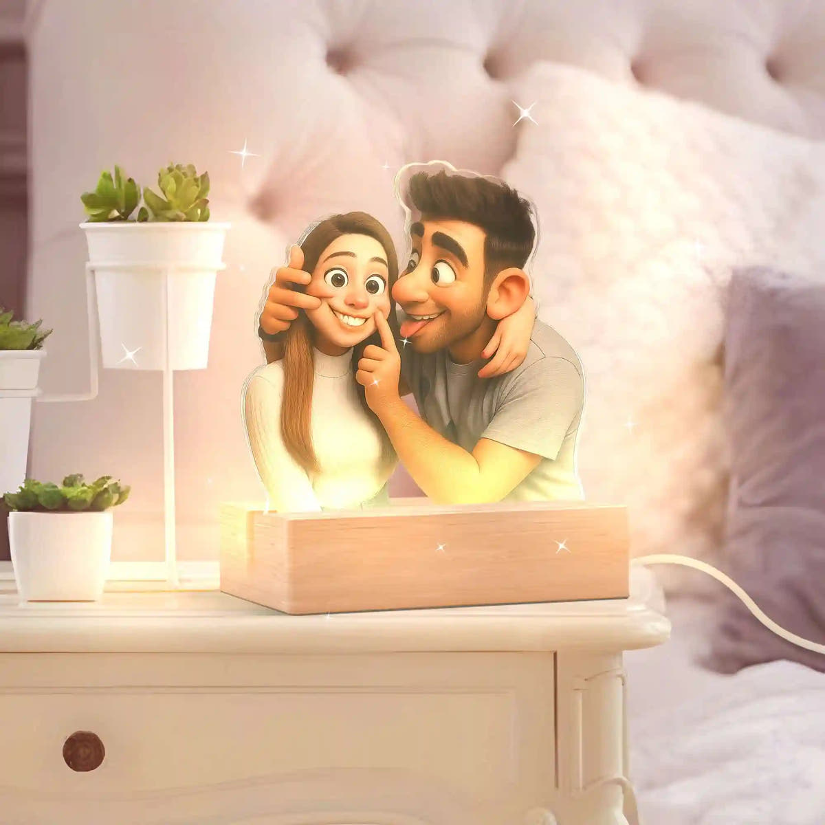 Lámpara metacrilato personalizada efecto 3D estilo caricatura con base de madera Para Aniversario