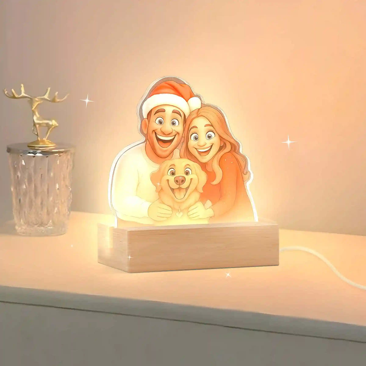 LUMINÁRIA ESTILO DE DESENHO ANIMADO COM BASE DE MADEIRA PARA O NATAL