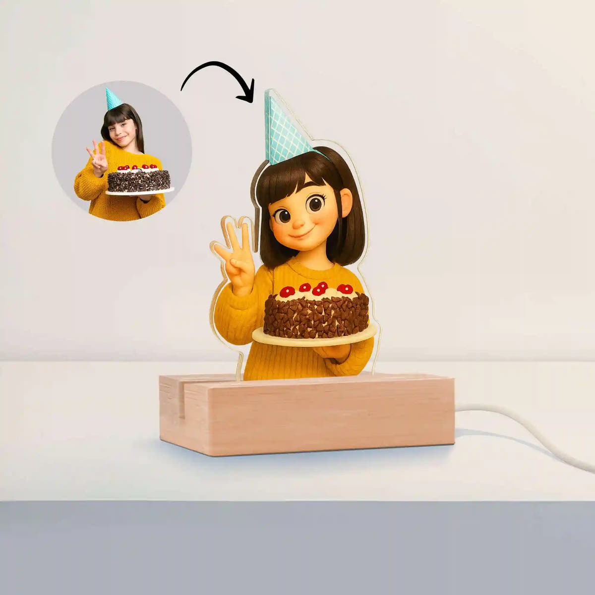 Lámpara Estilo Caricatura con base de madera PARA CUMPLEAÑOS