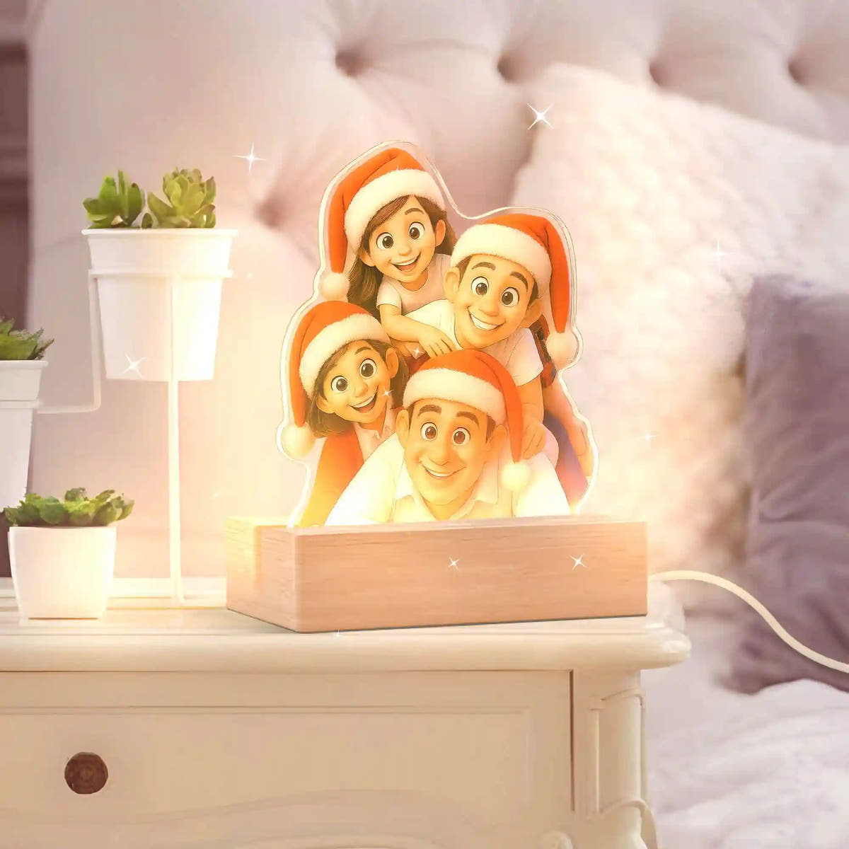 LUMINÁRIA ESTILO DE DESENHO ANIMADO COM BASE DE MADEIRA PARA O NATAL