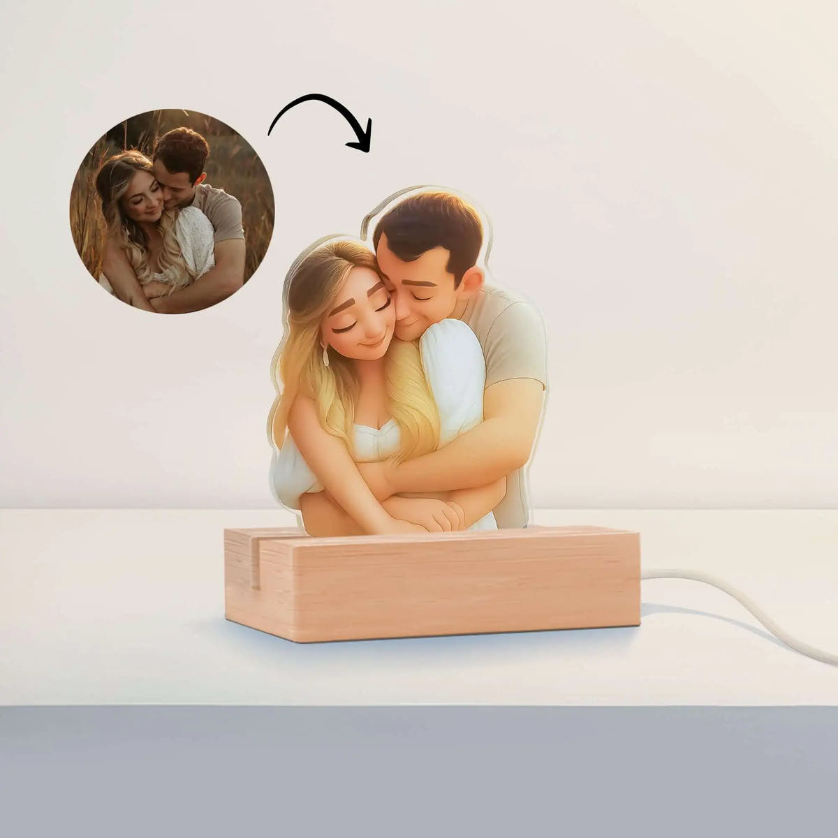 Lámpara metacrilato personalizada efecto 3D estilo caricatura con base de madera