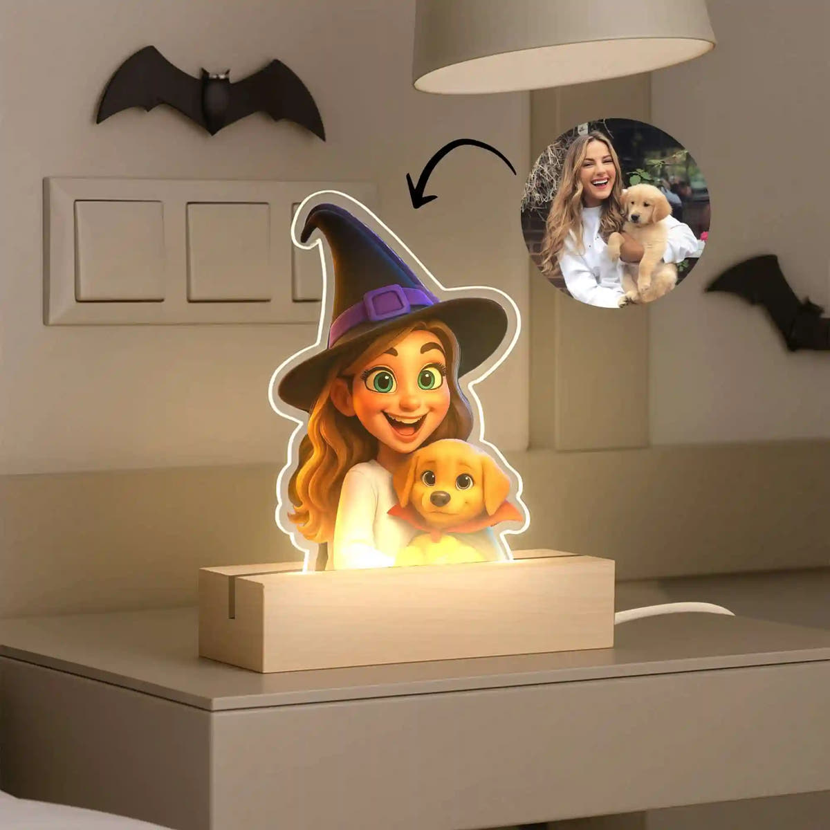 LAMPE DE STYLE CARTOON AVEC UNE BASE EN BOIS HALLOWEEN