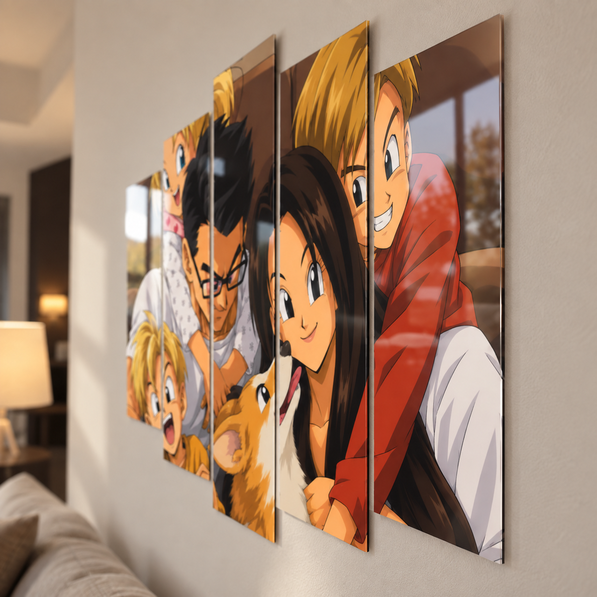 Cuadro Familiar Estilo Dragon Ball de 5 Paneles en Metacrilato con Efecto 3D