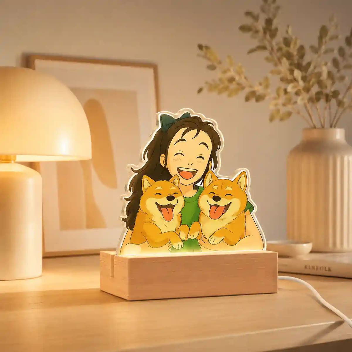 Lampe de style Ghibli avec base en bois POUR ANIMAUX