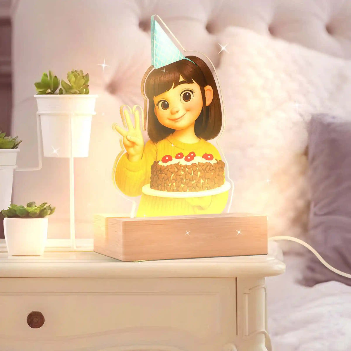 Lámpara Estilo Caricatura con base de madera PARA CUMPLEAÑOS