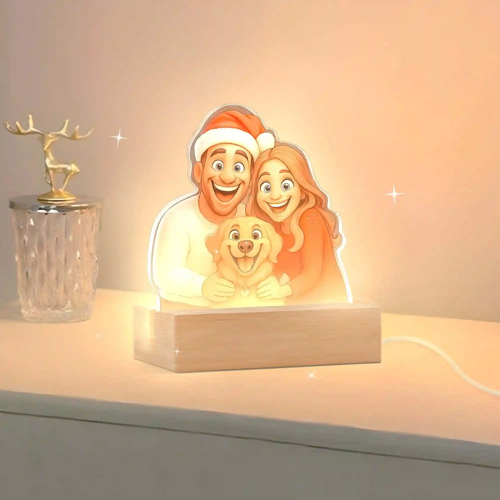 LUMINÁRIA ESTILO DE DESENHO ANIMADO COM BASE DE MADEIRA PARA O NATAL