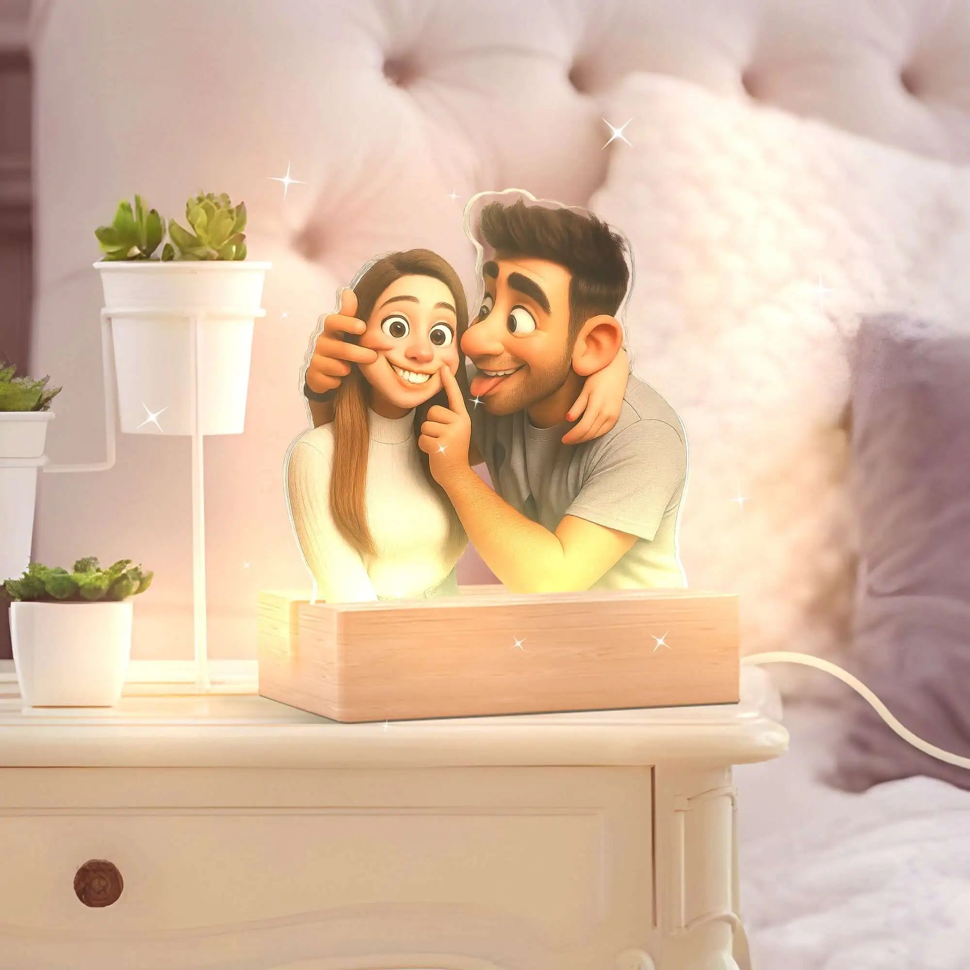 Lámpara metacrilato personalizada efecto 3D estilo caricatura con base de madera