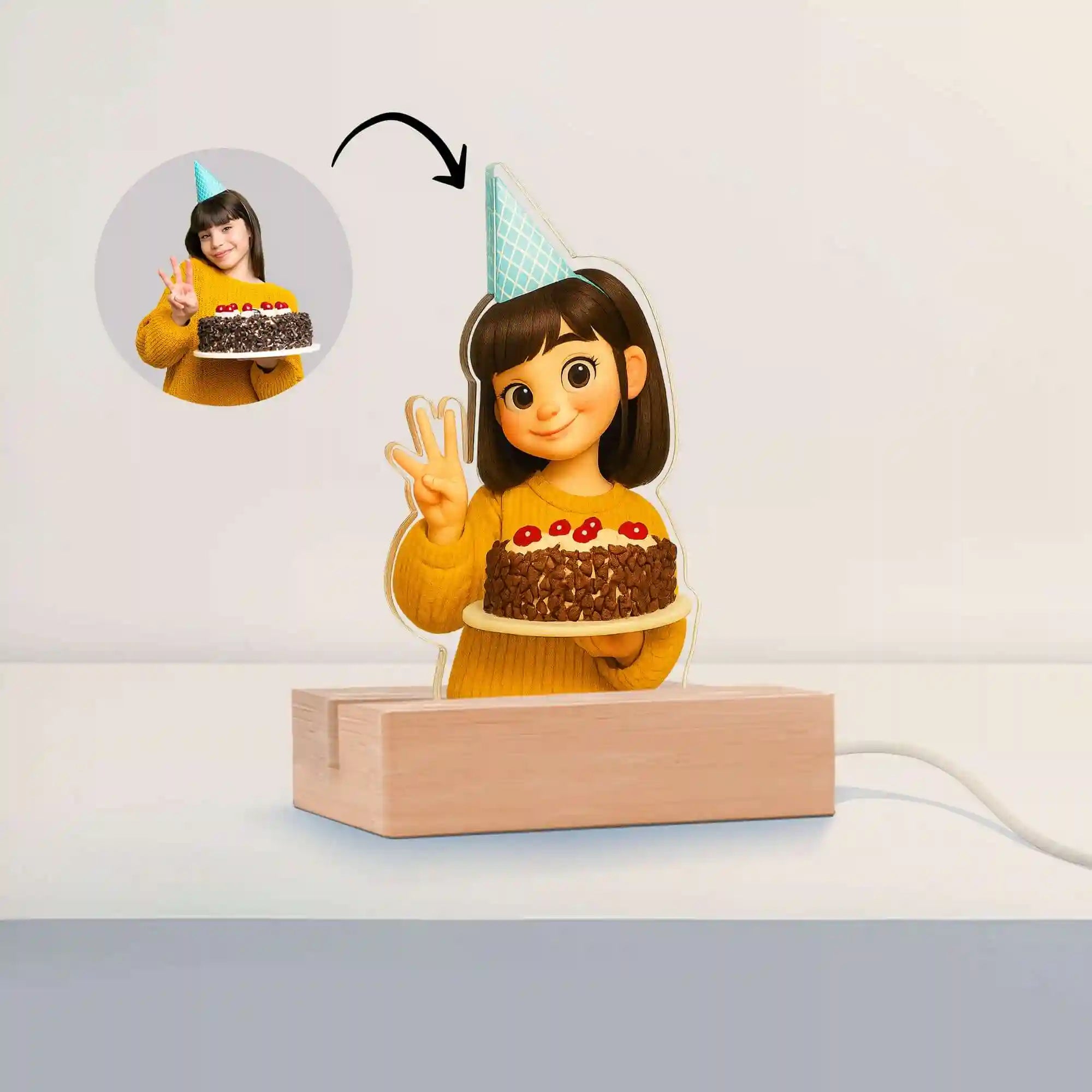 Lámpara Estilo Caricatura con base de madera PARA CUMPLEAÑOS