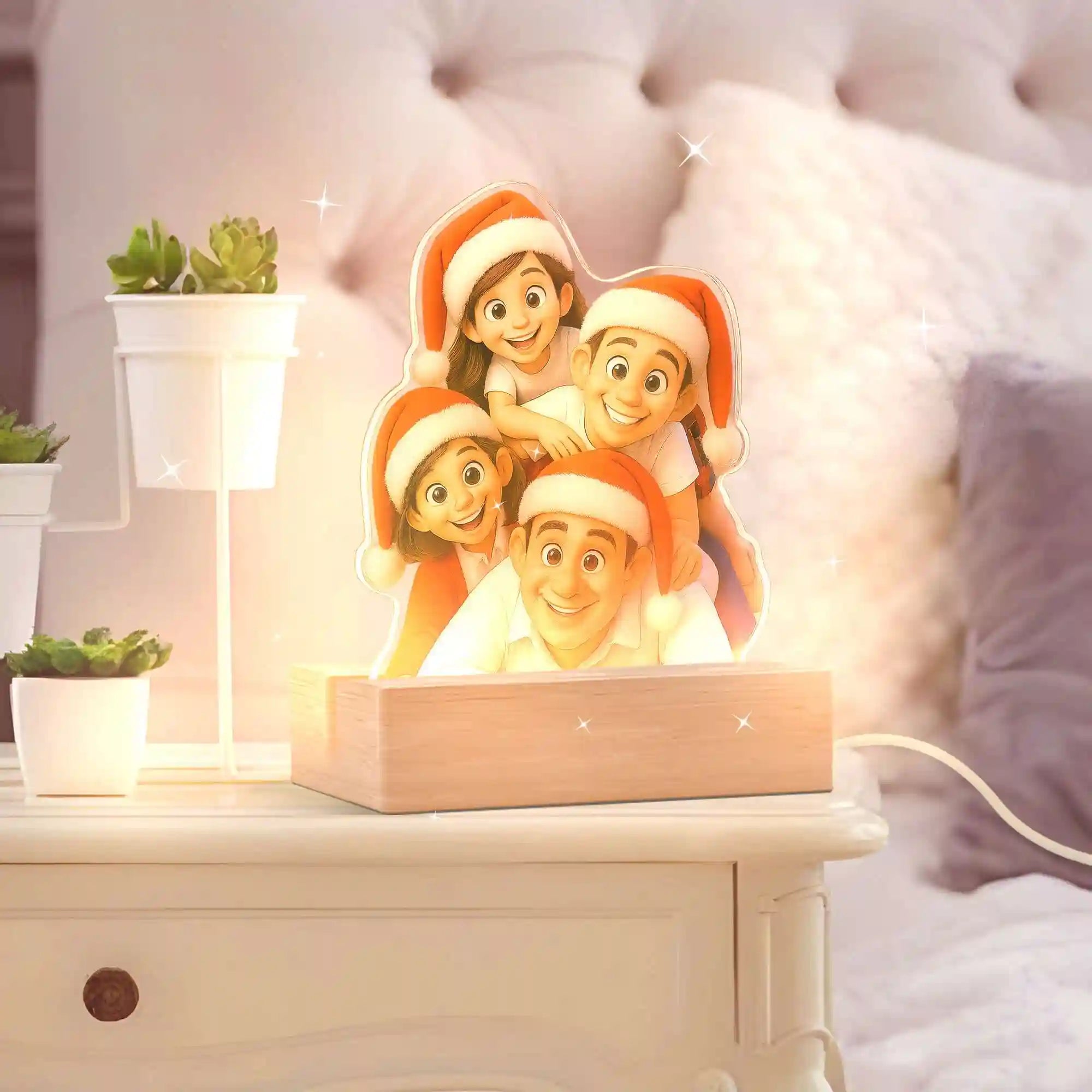 LUMINÁRIA ESTILO DE DESENHO ANIMADO COM BASE DE MADEIRA PARA O NATAL