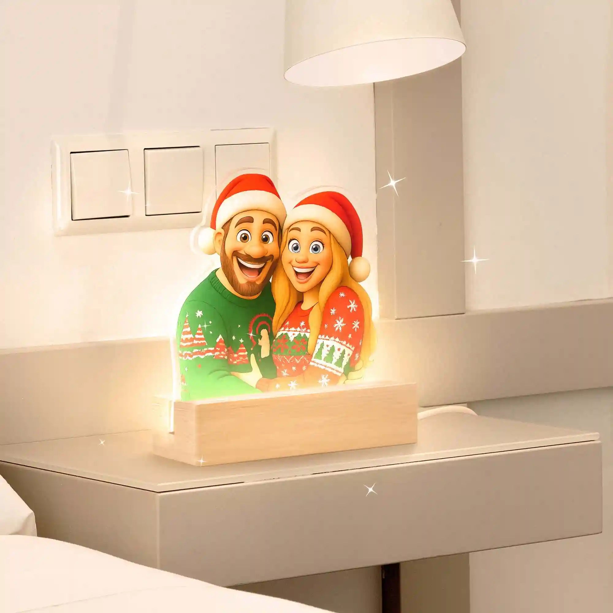 LUMINÁRIA ESTILO DE DESENHO ANIMADO COM BASE DE MADEIRA PARA O NATAL