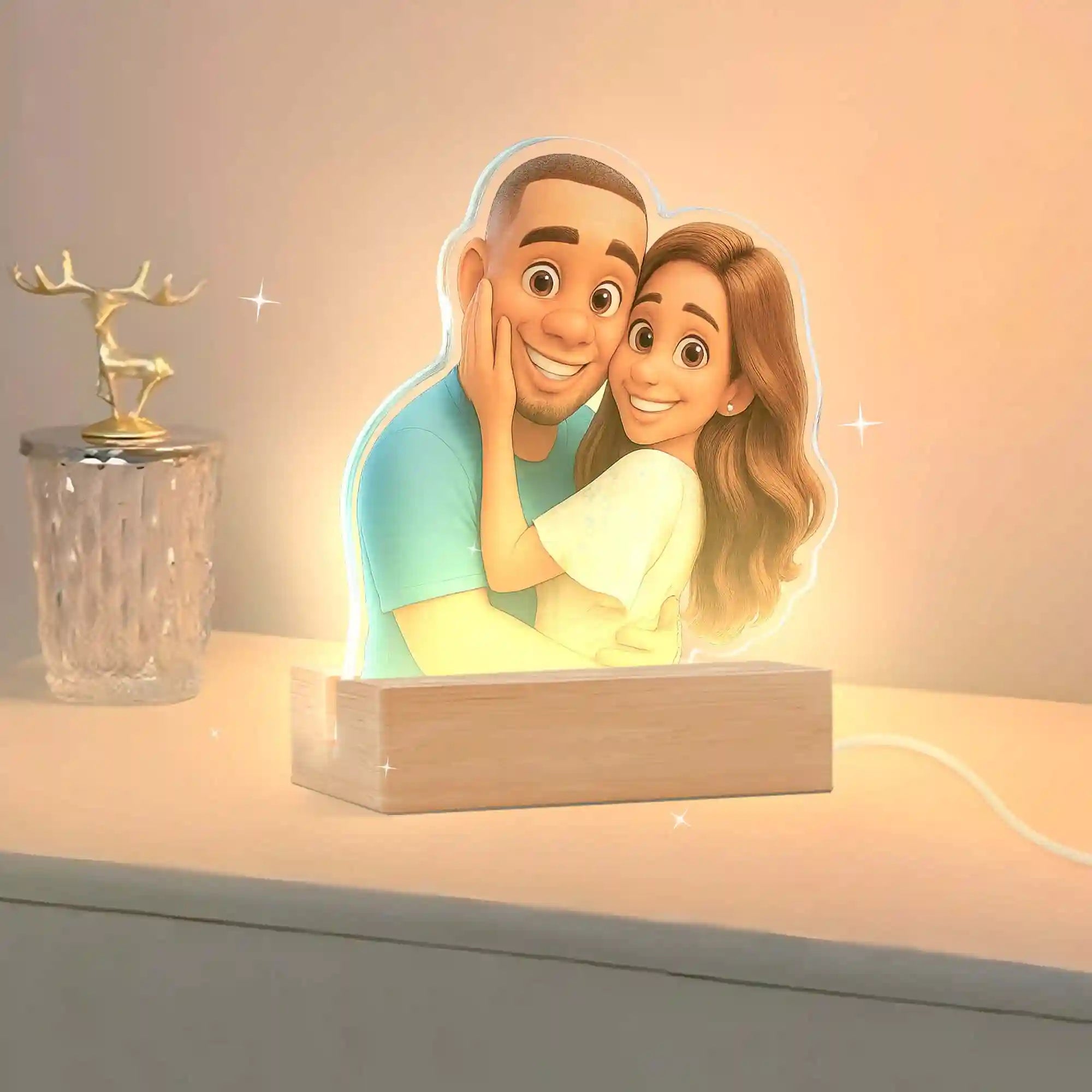 Lámpara metacrilato personalizada efecto 3D estilo caricatura con base de madera Para Aniversario